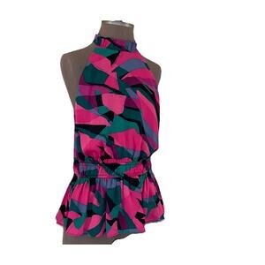 NINE WEST Floral Sleeveless High Neck Silky Top Off Shoulder Tank Large